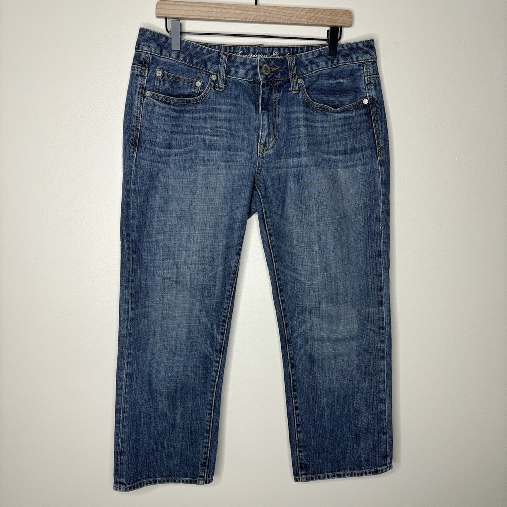 Y2K American Eagle Boy Fit Cropped Jeans 10 Blue Medium Wash Straight Leg‎ '09